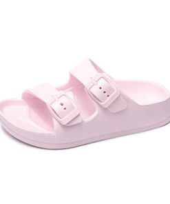 FUNKYMONKEY Unisex-Child Slides Double Buckle Adjustable EVA Flat Sandals for Boys Girls (8 Toddler, Light Pink)