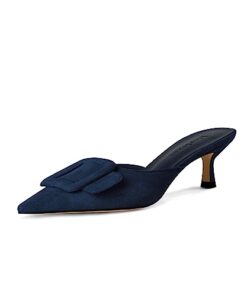 Fericzot Mule Slippers for Women,Slingback Buckle Pumps Pointed Toe Kitten Heels Shoes Slides Backless Dress Sandals Dark Blue 8