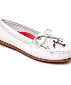 Minnetonka Women’s Thunderbird “Animikii” Hardsole – Moccasins for Women with a Classic Leather Moccasin Silhouette, Cushioned Footbed, and Beaded Moccasin Design, White, Size 7.5