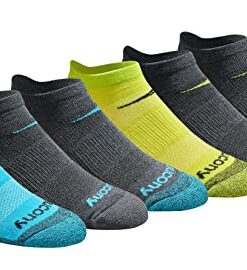 Saucony Men’s Multi-Pack Mesh Ventilating Comfort Fit Performance No-Show Socks, Yellow Blue Charcoal Assorted (6 Pairs), Large