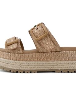 Soda “Funny” ~ Women Round Toe Double Buckle Strap Slip-On Platform Wedge Sandal (Dark Tan Raffia, us_footwear_size_system, adult, women, medium, 7.5)