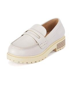 Coutgo Girls Slip On Penny Loafers Comfort Round Toe Platform School Uniform Dress Shoes, Beige, Size 2