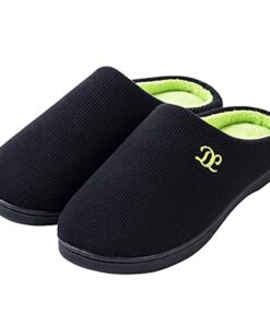 DL Mens Memory Foam Slippers Slip on, Comfy House Slippers For Mens Indoor Outdoor, Cozy Men’s Bedroom Slippers Warm Soft Flannel Lining Closed Toe Man Slippers Size 9-10 Black Green