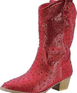 Forever Girls/Kids Rhinestone Western Cowgirl Cowboy Pointed Toe Low Heel Boots River-11K Red 2