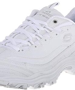 Skechers Women’s D’Lites Fresh Start Memory Foam Lace-up Sneaker,White Silver,10 W US