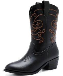 LAURMOSA Black Boots for Girls Cowboy Boots Embroidered Pull On Tabs Girl Cowgirl Boots High Heels Pointy Toe Kids Riding Boots Fashion Mid Calf Western Classic Boots for Little Big Kid(L1016Black 12)