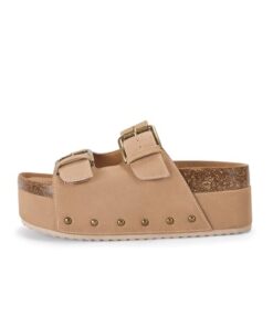 Coutgo Women’s Cork Platform Sandals Slip on Mules and Clogs Double Buckle Straps Summer Shoes, Khaki, Size 8.5