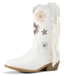 Rollda Girls Cowboy Boots Cowgirl Boots with Tassel Floral Embroidered Kids Western Boots for Toddler/Little Kid/Big Kid White Size 3