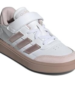 adidas Courtblock Sneaker, White/Sandy Pink Met./Sandy Pink, 13 US Unisex Little Kid