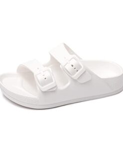 FUNKYMONKEY Unisex-Child Slides Double Buckle Adjustable EVA Flat Sandals for Boys Girls (4 Big Kid, White)