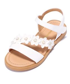 PANDANINJIA Diana White Girls Sandals Cute Flower Open Toe Summer Flats Dress Sandals Shoes Toddler/Little Kid/Big Kid (White Pu, 2 M US Little Kid)