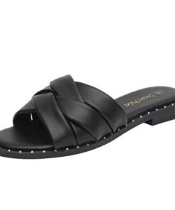 DREAM PAIRS Women’ s Cute Slip On Studded Flat Slides Sandals,Size 8,BLACK/PU,DSS211