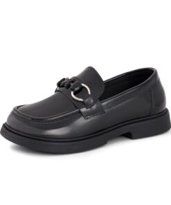 Tobfis Girls Slip-On Round Toe Oxford Butterfly Metal Chain Patent Leather Penny Loafers Flats Church School Uniform Kids Moccasins Dress Shoes (Toddler/Little Kid/Big Kid)，Black PU 9 M US