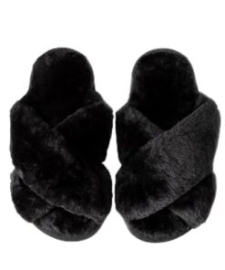 Enteer Girls Fluffy Slippers Memory Foam Soft Plush Cross Band House Shoes Indoor Outdoor Slip On Black 10-11 Little Kids