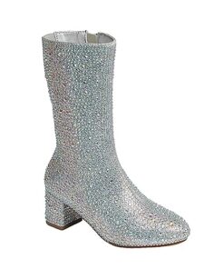 ABSOLEX Girl’s Rhinestone Round Toe Knee High Chunky Low Heel Boot, Silver, 9