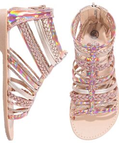 MIXIN Girls Gladiator Sandals Gold Shimmer Strapped Summer Flat Open Toe Ankle Sandals with Heel Zipper for Little/Big Kids Size 3