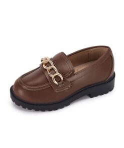 Coutgo Girl’s Platform Penny Loafers School Uniform Flats Slip on Round Toe Metal Chain Dress Shoes, Dark Brown, Size 2