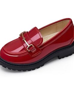 Coutgo Girl’s Platform Loafers Slip On Chain Chunky Heel Leather Flats Round Toe School Uniform Dress Shoes Burgundy