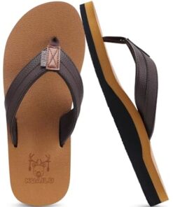 KuaiLu Men’s Yoga Mat Leather Flip Flops Thong Sandals with Arch Support Khaki Size 11