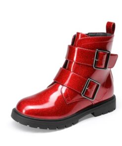 DREAM PAIRS Girls Boys Glitter Ankle Boots Side Zipper Combat Shoes with Buckles Toddler/Little Kid/Big Kid,Size 2 Little Kid,RED,SDBO2415K