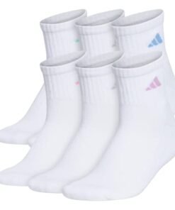 adidas Women’s Athletic Cushioned Quarter Socks (6-Pair) with Arch Compression for a Secure fit, White/Clear Sky Blue/Bliss Lilac Purple, Medium