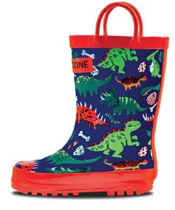 Lone Cone Rain Boots with Easy-On Handles in Fun Patterns for Toddlers and Kids, Puddle-a-Saurus Dinosaur, 10 Toddler