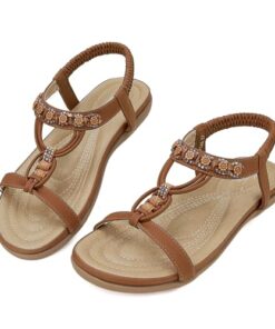 SHIBEVER Womens Sandals Summer Bohemian Flat Sandals Shoes with Elastic Strap Dressy Sandal Brown 9