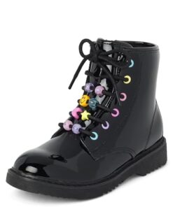 The Children’s Place Girls Lace Up Combat Boots, Black Beaded, 1 Big Kid