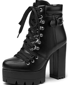 Susanny Platform Heel Boots Womens Heeled Combat Boots Harley Steampunk Shoes Lace UP High Heels Sexy Ankle Booties Black 9.5