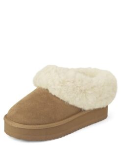 The Children’s Place Girls Indoor/Outdoor Comfy Slip On Platform Shoes, Faux Fur Lined Slipper, Tan, 4 Big Kid