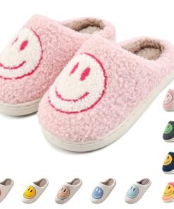 Cute Smile Face Slippers for Kids Girls Boys,Soft Plush Happy Face Slippers Non-Slip Toddler Warm House Slippers Little Kids Cartoon Smile Slippers Indoor Outdoor Pink White 3435