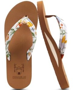 KuaiLu Womens Yoga Mat Flip Flops with Comfortable Arch Support Ladies Summer Beach Pool Waterproof Thong Sandals Comfort Supportive Cushion Slip on Cheap Flipflops Floral Fabric Beige Size 8.5