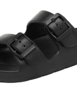 INMINPIN Boys Girls Double Buckle Slide Sandals Comfort Beach Pool Shower Slippers Adjustable Indoor Outdoor Little Kid/Big Kid,Black,4 Big Kid