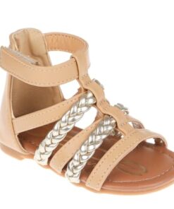 bebe Girl’s Gladiator, Braided Strappy Flats – Flat Sandals for Toddler/Little Kid/Big Kid, Size 12 Little Kid, Tan Metallic