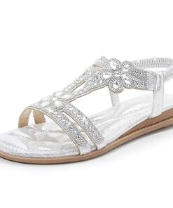 iCKER Women Rhinestone Sandals T-Strap Buckle Bohemian Pearl Crystal Flat Sandals-Sliver 01-8