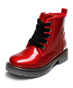 DREAM PAIRS SDBO2220K Girls Boys Glitter Ankle Boots Side Zipper Combat Shoes with Lace Up 4 Big_Kid RED/PU