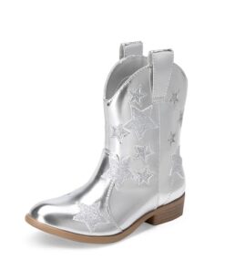 DREAM PAIRS Girls Cowgirl Boots Cowboy Western Mid Calf Star Boots for Kids,Size 10 Toddler,SILVER,SDBO2405K