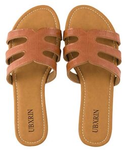 UBXRIN Women’s Slide Sandals Comfortable Causal Flat Sandals Summer Open Toe Slip On Slippers,Cognac US8