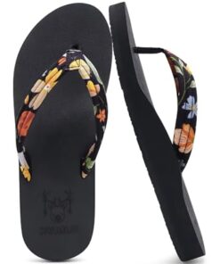 KuaiLu Womens Yoga Mat Flip Flops with Comfortable Arch Support Ladies Summer Beach Pool Waterproof Thong Sandals Comfort Supportive Cushion Slip on Cheap Flipflops Floral Fabric Black Size 7