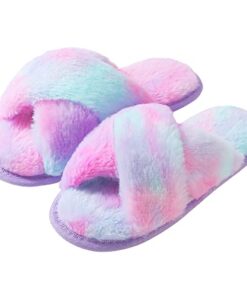 shoeslocker Girls Cross Band Slippers Open Toe Tie Dye Plush House Slippers Nonslip Casual Slippers Purple 12