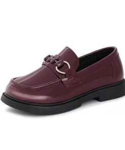 Tobfis Girls Slip-On Round Toe Oxford Butterfly Metal Chain Patent Leather Penny Loafers Flats Church School Uniform Kids Moccasins Dress Shoes (Toddler/Little Kid/Big Kid)，Burgundy PU 2 M US