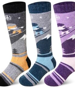 SeeyAN Kids Ski Socks Merino Wool Thermal Winter Socks Boys Girls Warm SnowBoarding Thick Skiing Socks 3 Pairs (Purple/Grey/Blue, 8-12 Years)