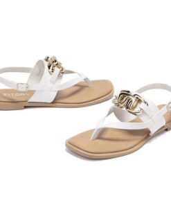 FITORY Womens Flat Adjustable Strap Sandals With Casual Fashion Slides and Flip Flops Split Toes Style for Lady Summer White Size 10