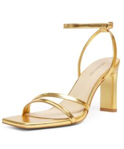 Modatope Gold heels for Women Sandals Square Open Toe Chunky High Heels Strappy Ankle Strap Sandals Comfort Dress Party Shoes Size 9.5