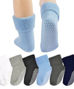 hakugoo Baby Toddler Non Slip Socks Winter Fuzzy Warm Socks Thermal Thick Crew Socks for Kids Girls Boys Ankle Socks Black White Grey Dark Grey Blue Navy 4-6 Years