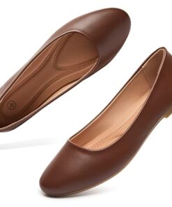 hash bubbie Women’s Flats Shoes Ballet Flats Dress Shoes Comfortable PU Leather Slip on Shoes for Women(Brown .US9)