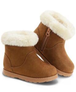 Girls Boots Warm Ankle Winter Boots Kids Soft Plush Lining Fur Collar with Zipper Snow Bootie Indoor Outdoor Shoes for Girls Big Kid 3 US Brown