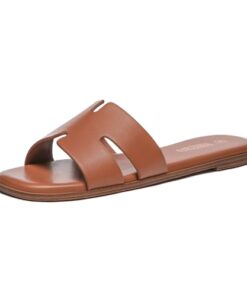 Rihero Women’s Dressy Flat Sandals Comfortable Slip On Leather Slide Brown Sandals Size 8