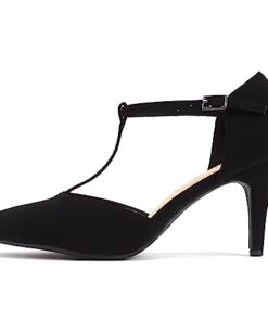 Soda Bahia ~ Women Pointed Toe Closed Back Counter T-Strap Pump Stiletto Mid Heel Shoe (Black Nubuck, us_Footwear_Size_System, Adult, Women, Numeric, Medium, Numeric_8)