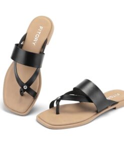 FITORY Womens Flat Sandals With Casual Fashion Slides and Flip Flops Split Toes Style for Lady Summer Black Size 9